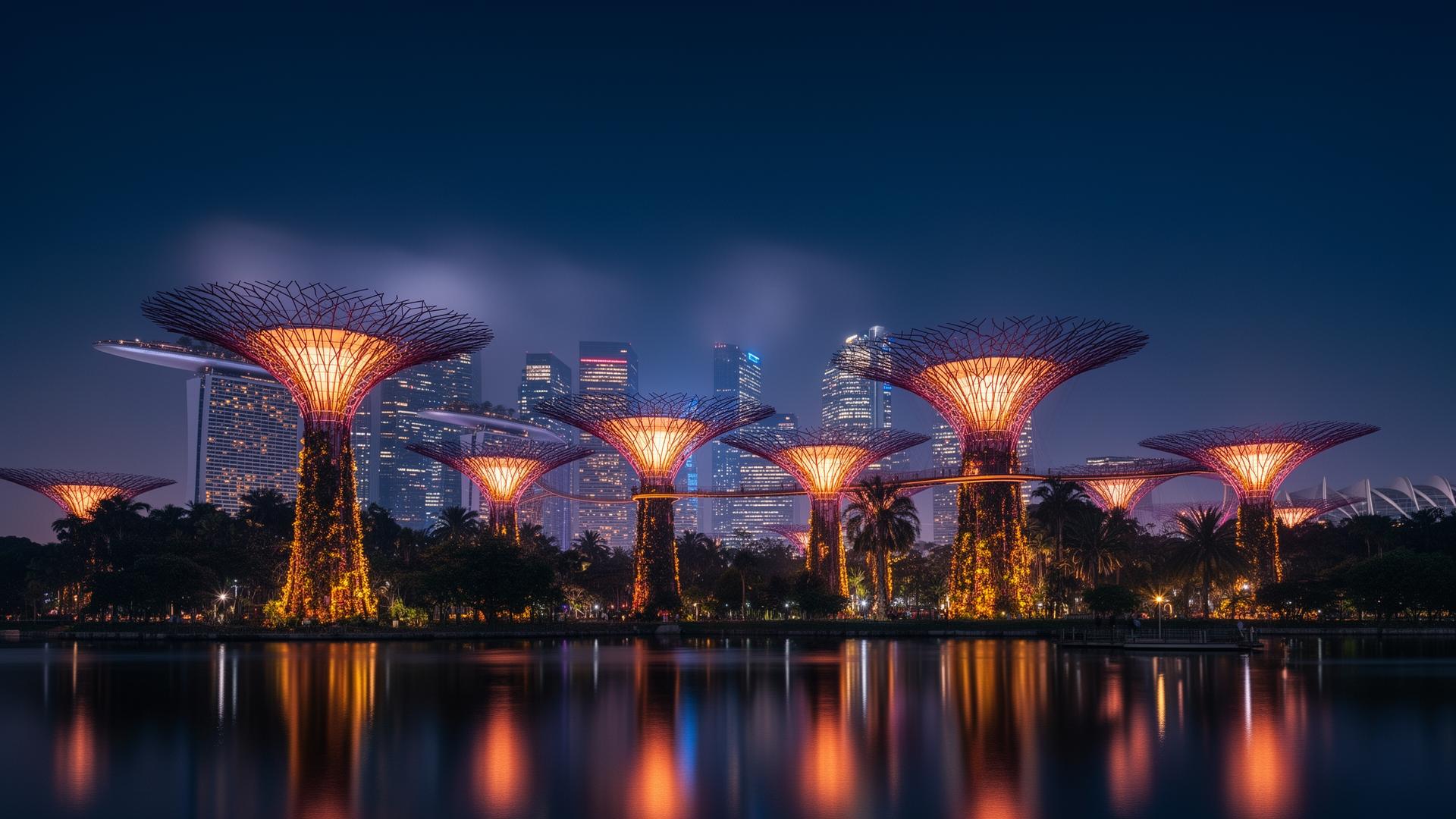 Marina Bay and Gardens by the Bay at dusk
